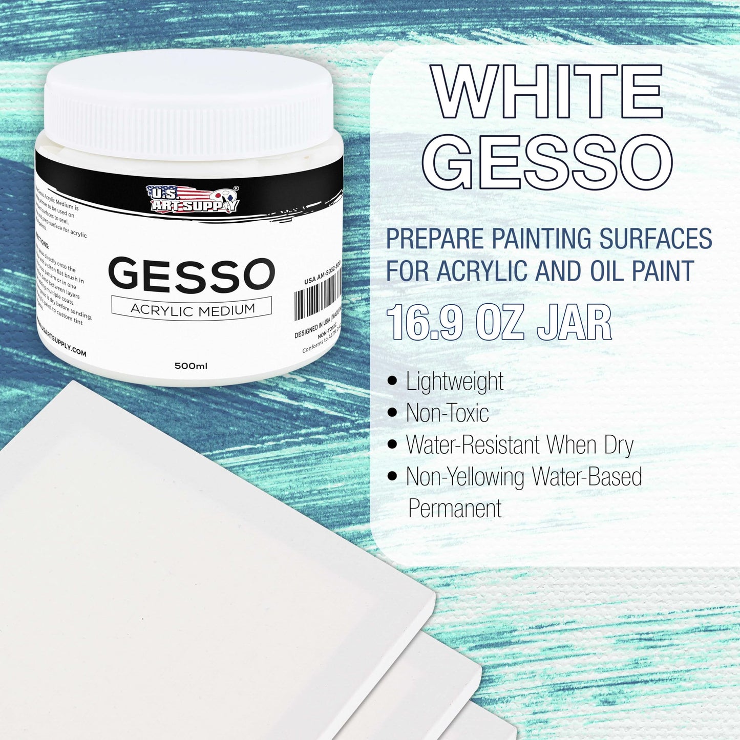 U.S. Art Supply White Gesso Primer - 16.9oz (500ml) for Oil & Acrylic Paint - Superior Coverage, Canvas Prep, Mixable White Gesso Paint Artists