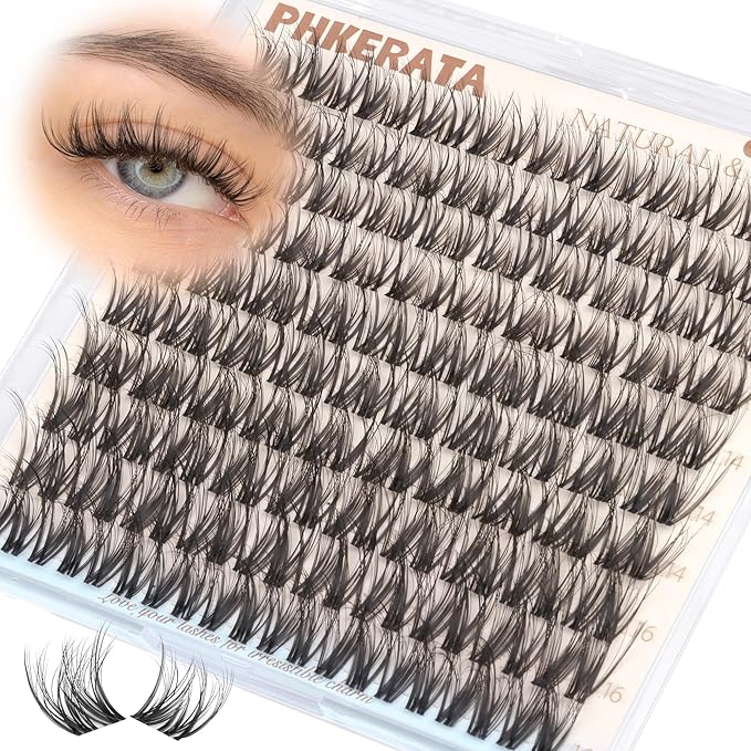 PHKERATA Spider Natural Lash Clusters Wispy Eyelash Clusters, Fluffy Cluster Eyelash Extensions with Invisible Clear Band, Russian D Curl 12-14-16mm DIY Individual Lashes