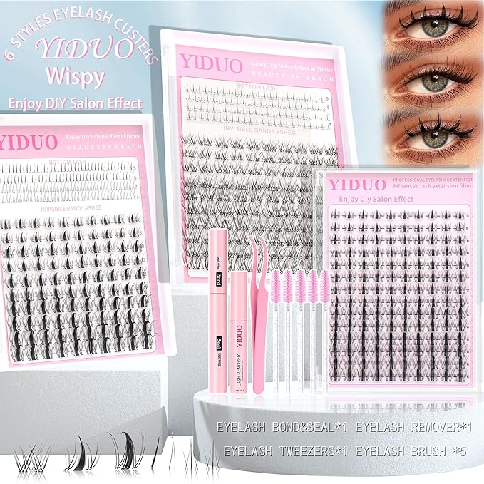 YIDUO 3 style Fairy lashes Clusters Kit with Bottom Clusters Lash Extensions 604Pcs 5-16mm Manga Extension False Eyelash Wispy Natural Wet-Look Lashes Extensions Combo Pack with Glue Removers