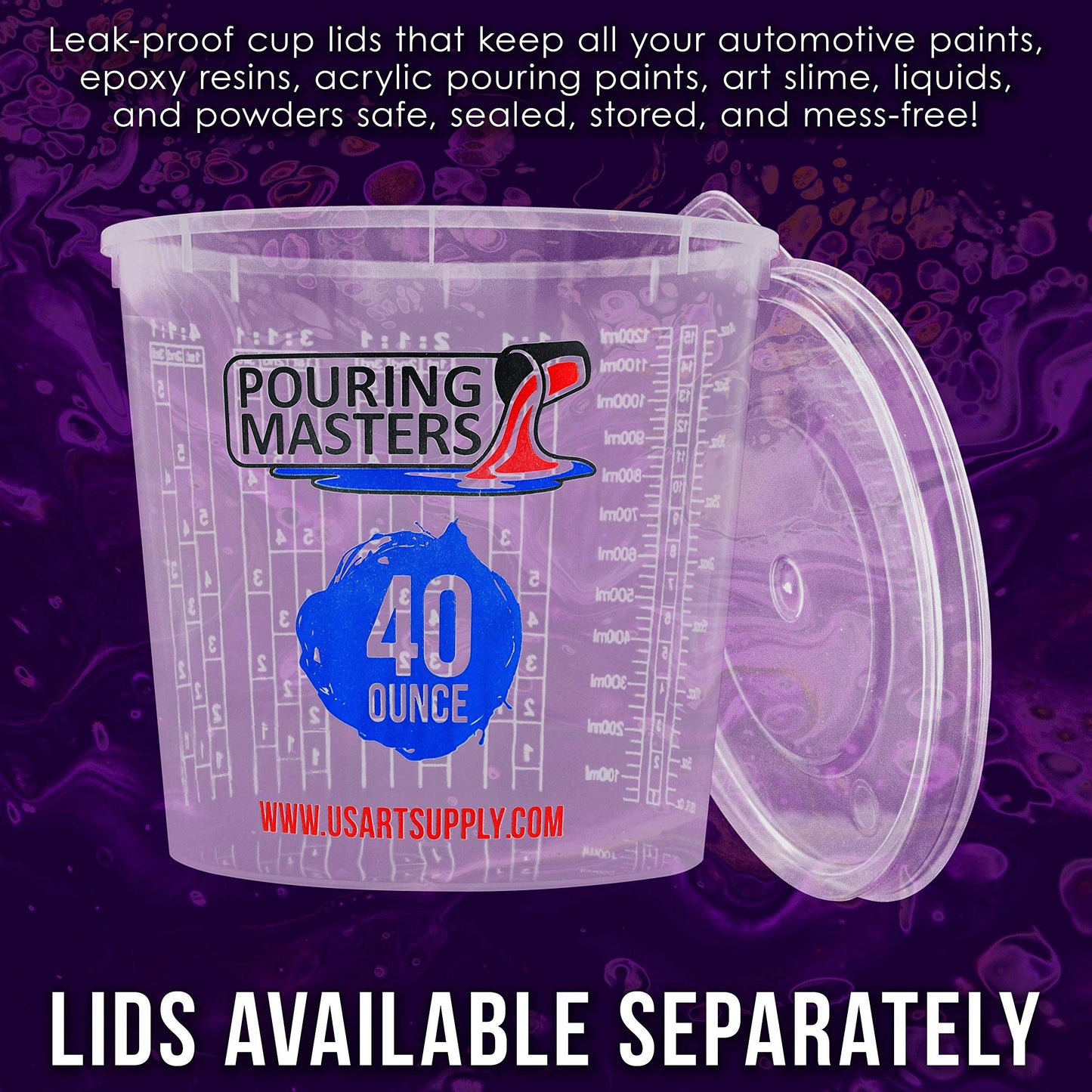 Pouring Masters 40 Ounce (1200ml) Graduated Plastic Mixing Cups (Box of 24) - Paint Mixing Cups for Epoxy Resin, Art, Kitchen, Baking - Measurements in OZ and ML, 4 Different Measuring Ratios 1:1