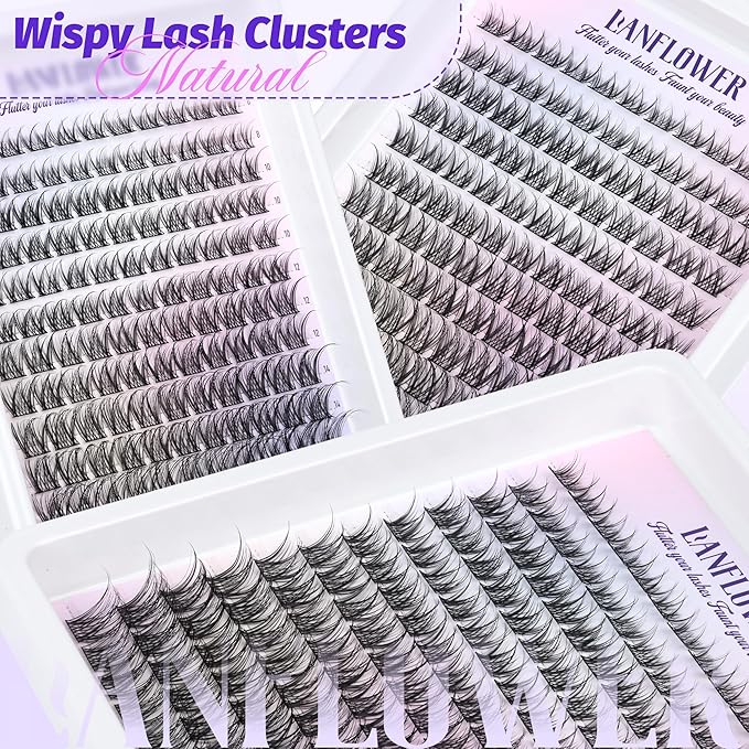 Natural Lash Clusters Kit Wispy Lash Extension Kit C Curved Eyelash Clusters Kit Natural Cluster Eyelash Extensions Kit 8-16mm Individual Lashes with Lash Bond and Seal Lash Tweezers by Lanflower