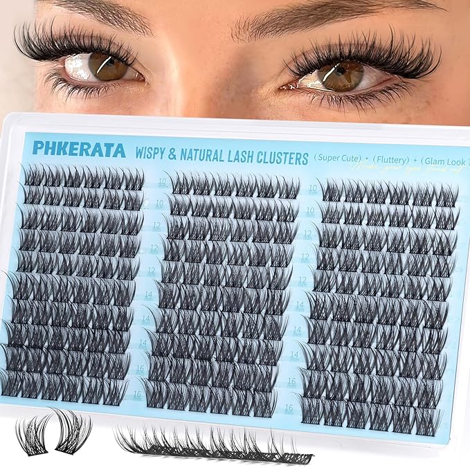 PHKERATA Wispy Lash Clusters Natural Eyelash Clusters Extensions C Curly Individual Lashes Clusters DIY Eyelash Extension with Wide Soft Thin Band,10-16MM,180Pcs