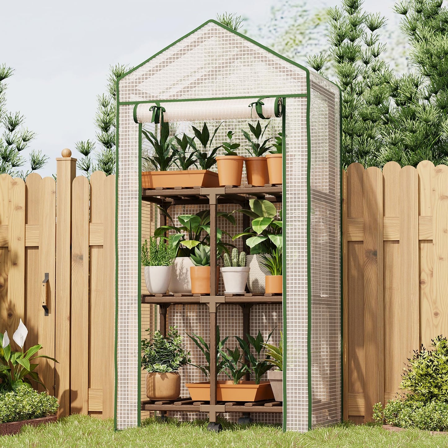 Bamworld 23 x 17 x 54-Inch Mini Greenhouses with Wheels Portable Green House with PE Cover Sturdy Eucalyptus Wood Frame Small Greenhouse for Winter Plant Frost Protection with Sturdy Eucalyptus Frame