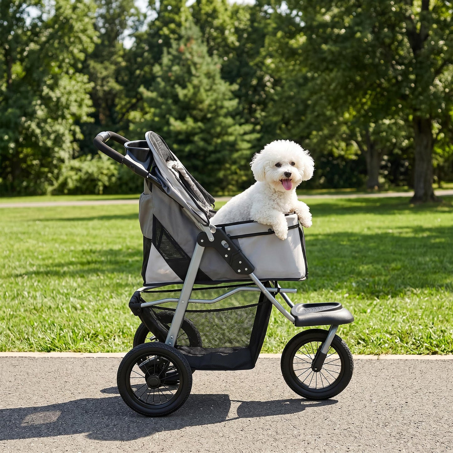 PawHut Dog Stroller for Small Dogs, 3 Wheel Foldable Pet Stroller with 12" Rubber Wheels, Mesh Window, One-Foot Brake, Storage Basket and Cup Holder, Up to 22 LBS, Light Gray