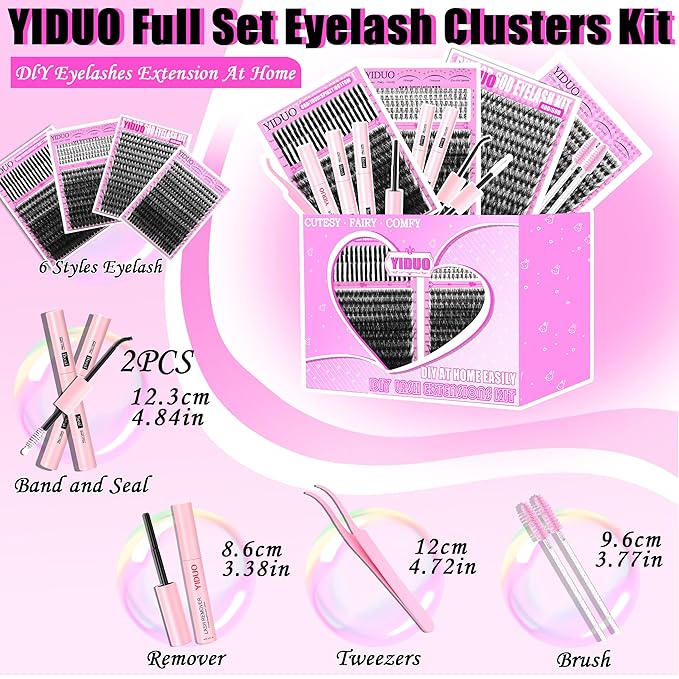 YIDUO 4 Styles Lash Clusters Kit 40D/60D/80D/100D+Spikes+Bottom Eyelash Clusters Extensions with 2X Bond and Seal, 1000Pcs 3D Volume Lashes Clusters 8-18mm Wispy D Curly Clusters Lash Extensions Kit