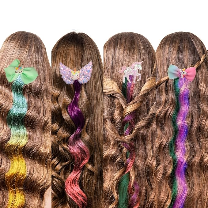 Little World Hair Clips for Girls - 6 Pcs Curly Clip in Hair Extensions with Cute Unicorn Bow - 13in Gradient Color Hair Clips for Girls Clip On for Toddler Kids Girls Ponytails Accessories