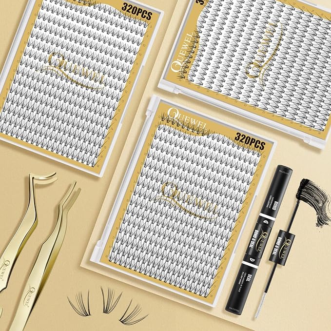 QUEWEL Lash Clusters 320Pcs Cluster Lashes 20D D Curl Lash Cluster Eyelash Extensions Mix12-18mm Individual Eyelashes Clusters Wispy Lash Clusters Thin Band Soft to Use at Home(20D D Mix12-18)