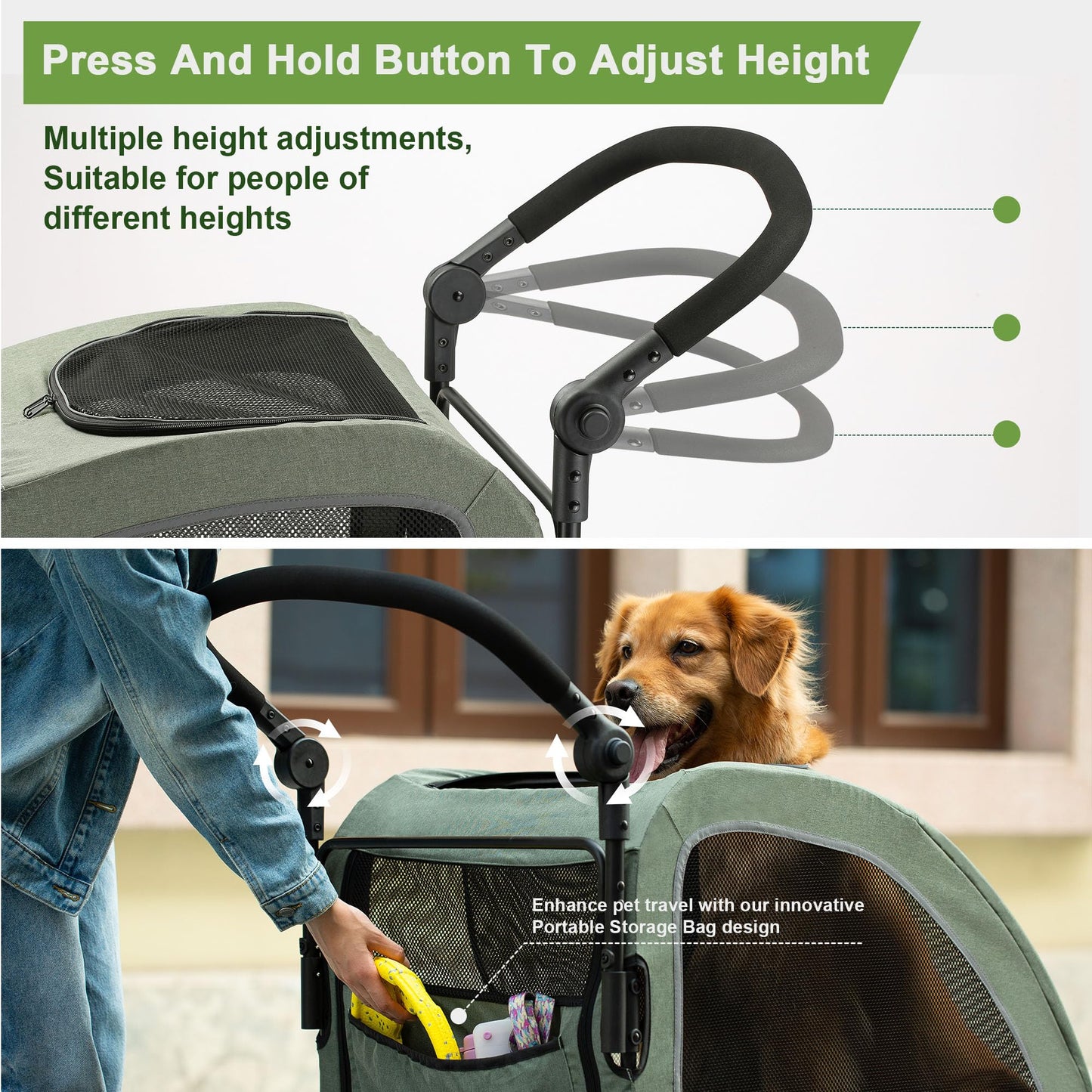 AOPEC Large Dog Stroller - Dual Entry Safety Folding Pet Stroller with Adjustable Handle, All-Terrain 4-Wheel, 160 lbs Weight Capacity for Travel & Outdoor Adventures - Green
