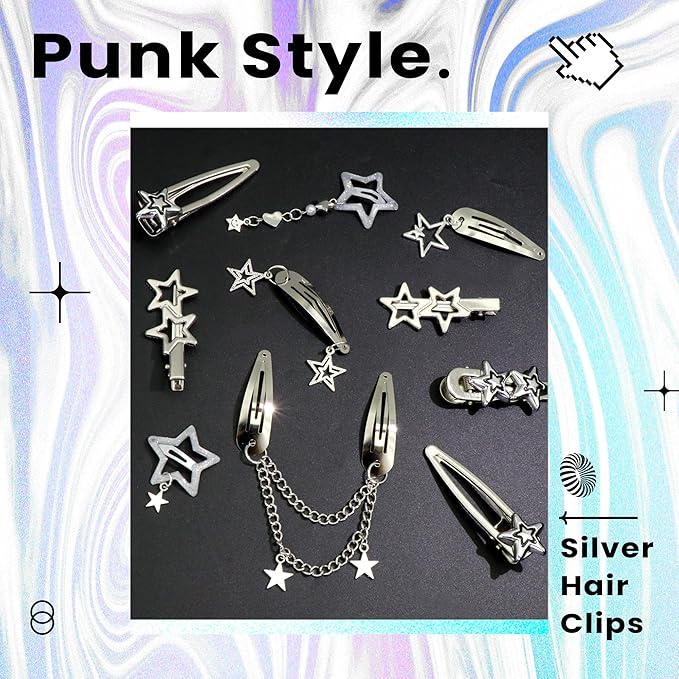 10PCS Star Hair Clips Y2K Silver Hair Clips Metal Star Barrettes 8 Shapes Pentagram Hair Snap Clips Punk Kawaii 2000s Hair Accessories for Women