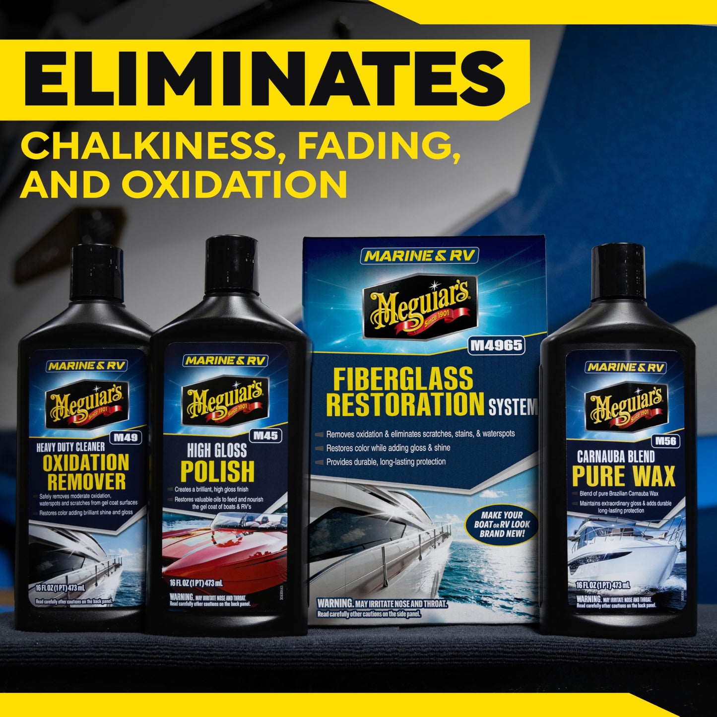Meguiar's M4965 Marine/RV Fiberglass Restoration System, 3-Piece Marine Fiberglass Repair Kit Featuring Oxidation Remover for Boat Care Plus Boat Polish and Wax