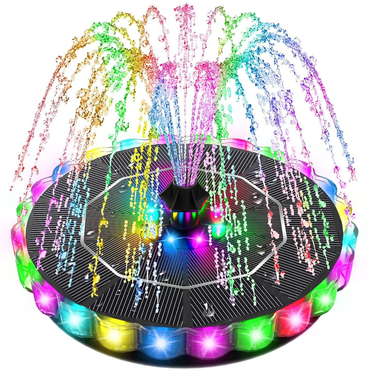 SZMP 3.5W Solar Fountain for Bird Bath with 2000mAh Battery & 3D Color Changing LED Light, Anti-Drift Fixer & 8 Nozzles, Solar Powered Water Fountain Kit for Garden, Patio, Pond