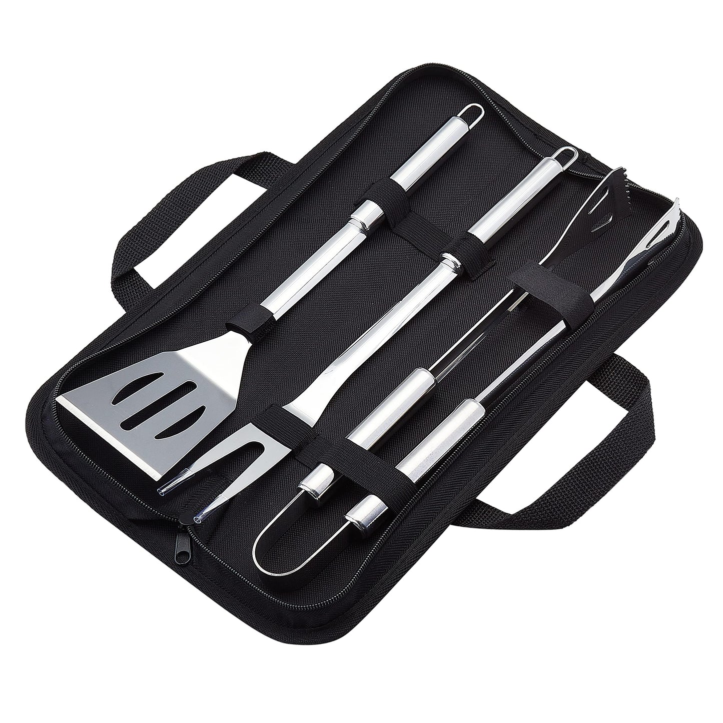Amazon Basics 4-Piece Stainless Steel BBQ Grilling Tool Set with Carry Bag, Rust-Resistant, Dishwasher Safe