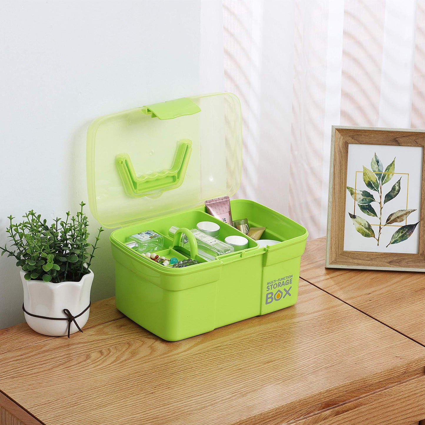 Kinsorcai 11'' Plastic Storage Box with Removable Tray, Multipurpose Organizer and Storage Case for Art Craft and Cosmetic (Green)