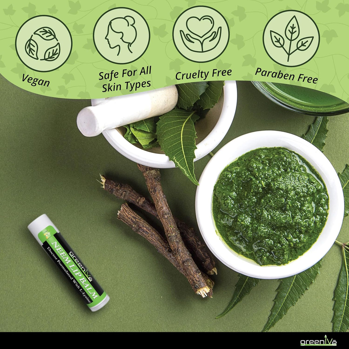 GreenIVe Neem Lip Balm, Vegan Lip Moisturizer with L-Lysine, Soothe and Soften (1)