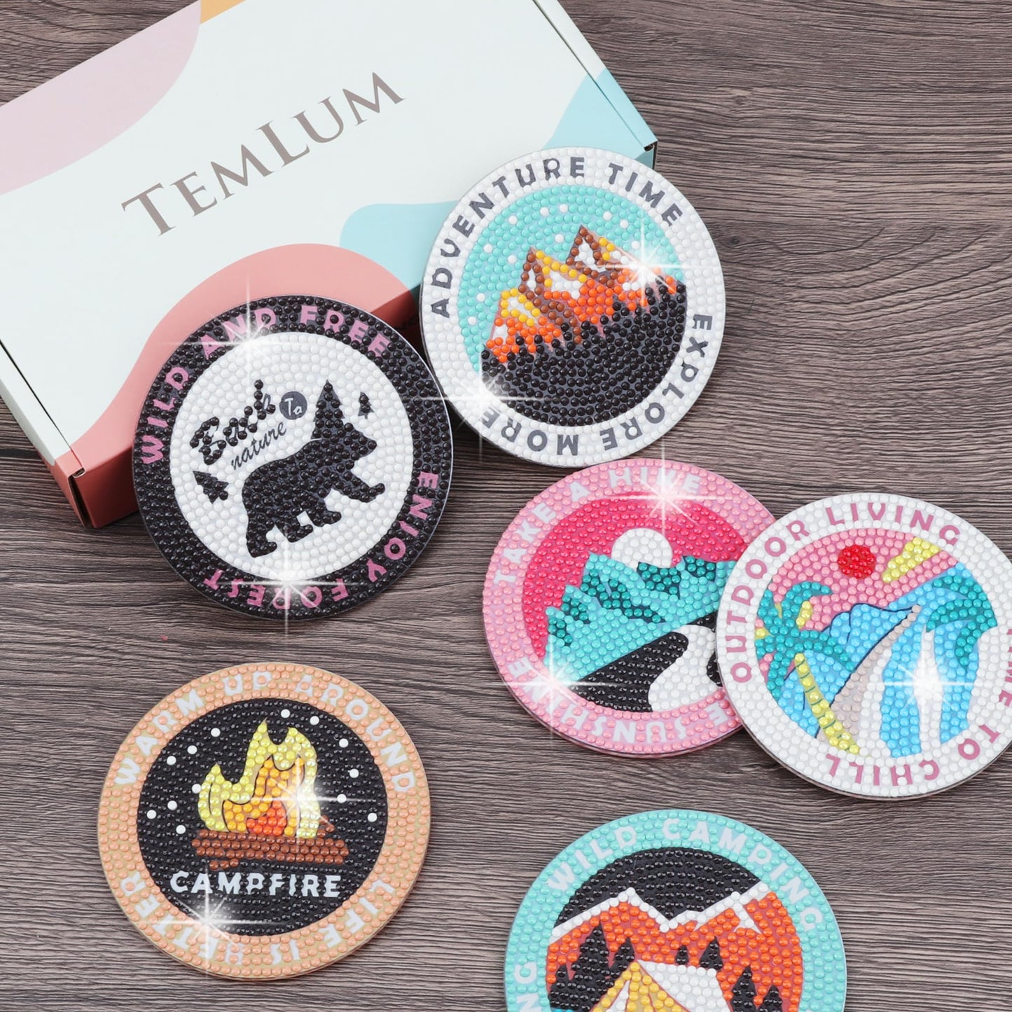 Temlum 6 Pcs Diamond Painting Coasters with Holder, DIY Outdoor Camping Coasters Diamond Art Kits for Beginners, Adults Small Diamond Painting Art Craft Supplies