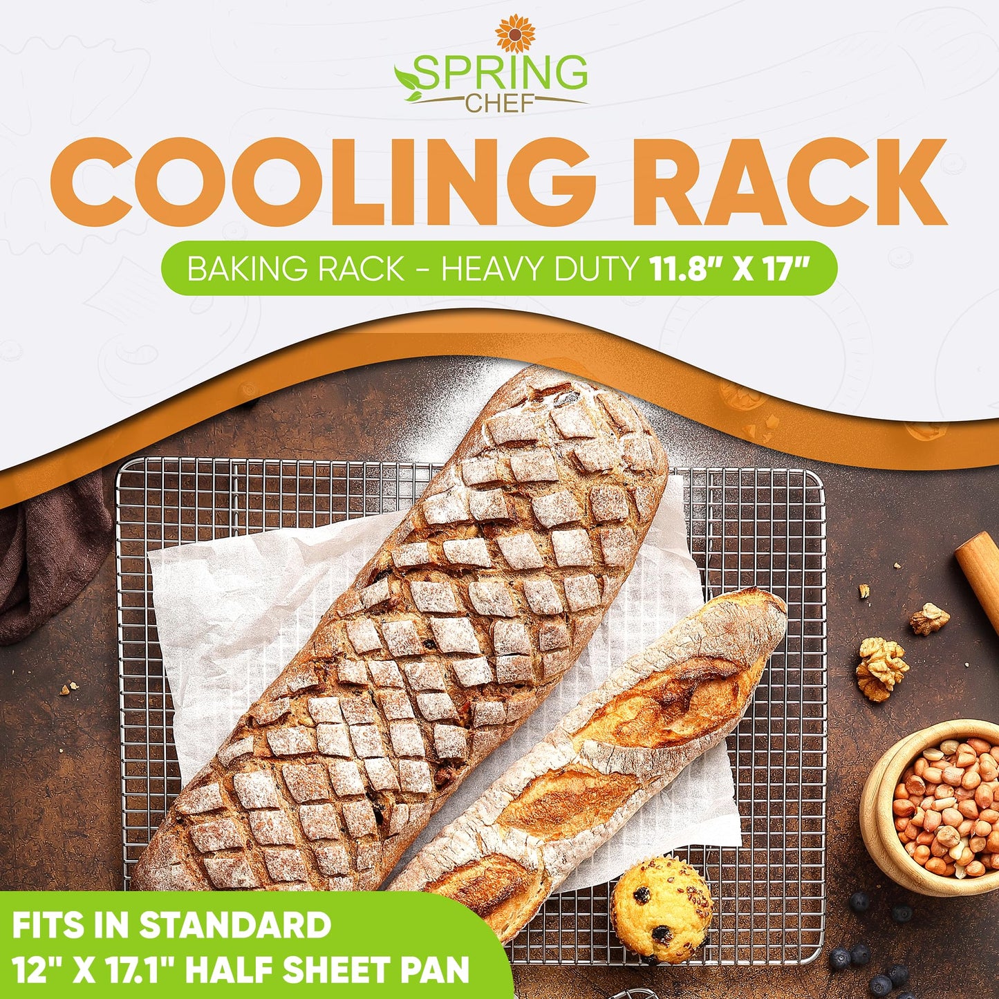 Spring Chef 11.8" x 17" Stainless Steel Cookie Cooling Rack - Oven Safe - Baking Rack for Bacon, BBQ, Jerky, Bread, Pizza, Cake - Fits Half Sheet Roasting Pan - Dishwasher Safe