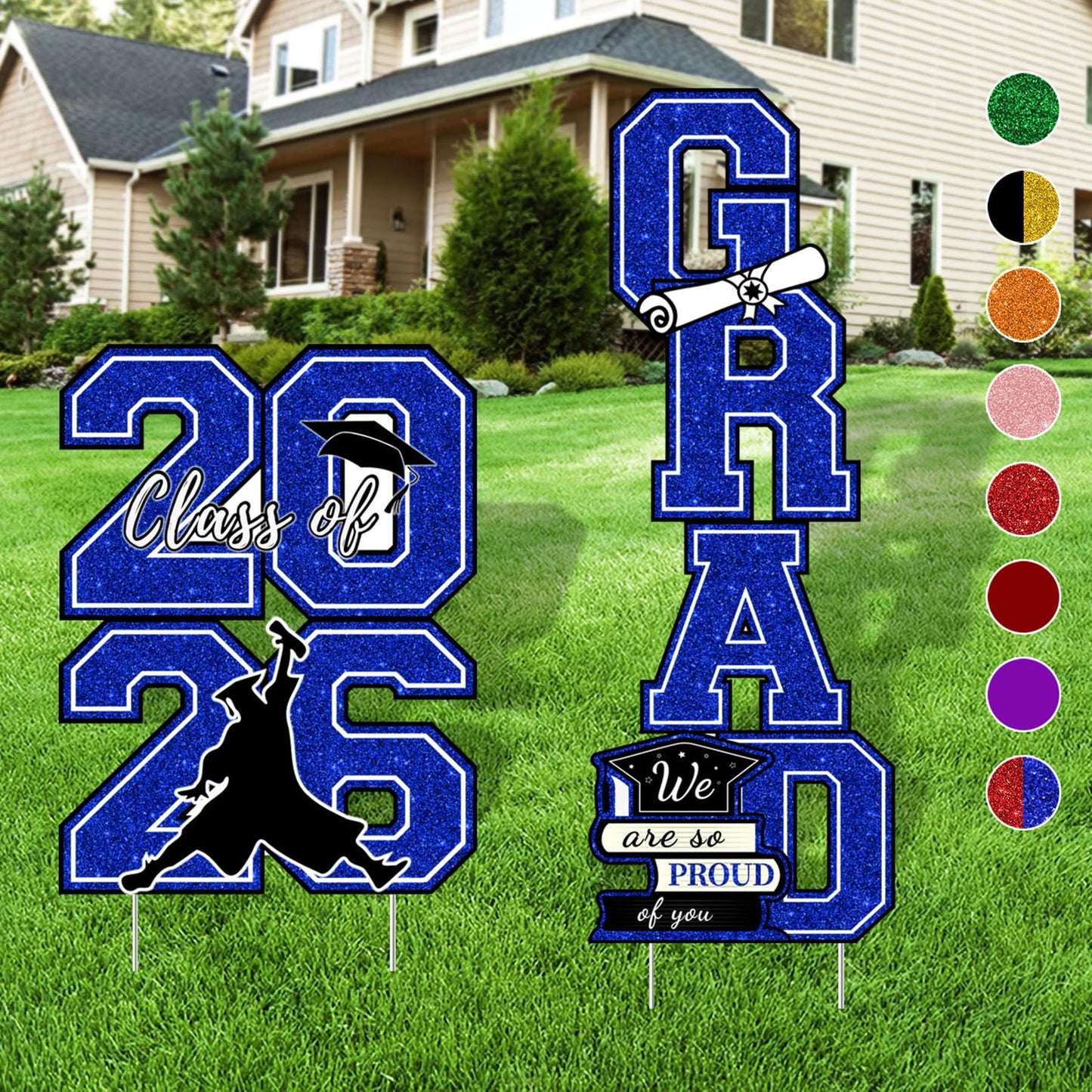 Graduation Yard Sign Class of 2026 Decorations - 4pcs Large Size Blue Glittering Congrats Grad Class of 2026 Outdoor Lawn Decor with Stakes - High School College Graduation Party Decorations Supplies