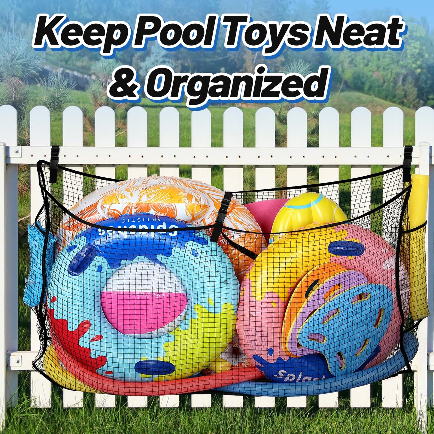 Large Pool Float Toy Storage Net - 59 x11.8x33.5in Durable Mesh Net Organizer for Fence with Straps, Poolside Fence Toys Holder for Inflatable Rafts Pool Noodles Balls Swimming Ring