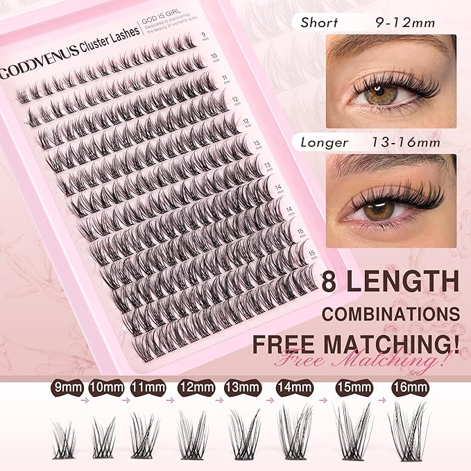 Goddvenus Lash Clusters Kit Wispy Lash Extension Kit Waterproof Lashes Clusters DIY Eyelash Clusters Kit with Natural Individual Eyelashes, Lashes Glue Bond and Seal and Lash Tweezers (D Curl 192pcs)