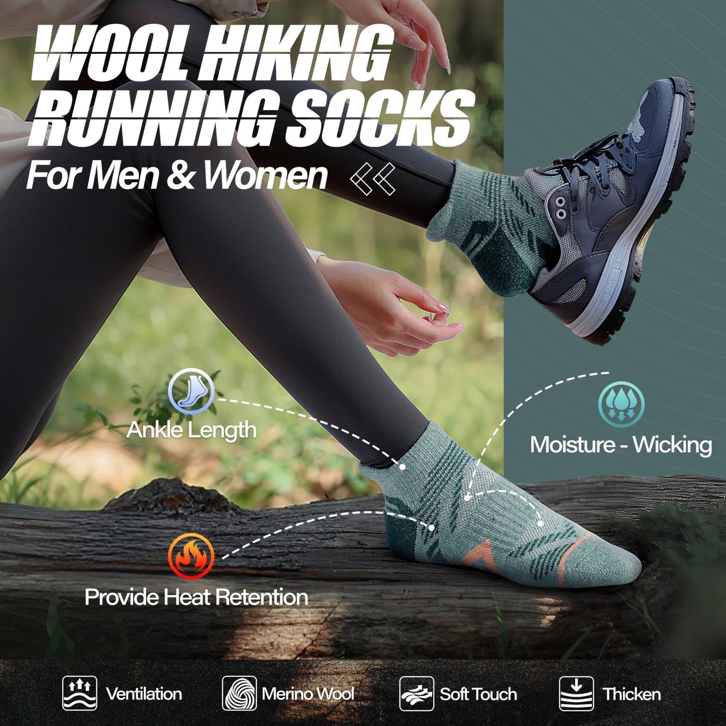 ANTSANG Merino Wool Ankle Hiking Socks Compression Warm Thermal Thick Cushion Winter Running No Show Moisture Wicking Socks Gifts Stocking Stuffers for Women Men 6 Pairs(Light Mixed,M)