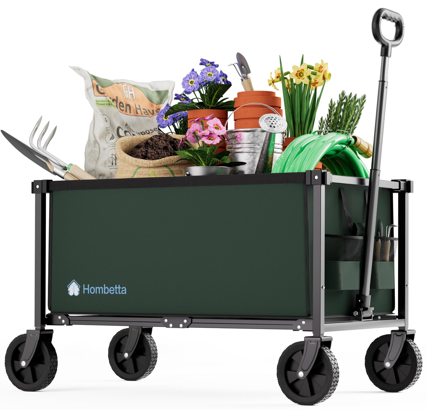 HOMBETTA 29.3" Collapsible Wagon Cart, 150L Heavy Duty Folding Utility Wagon with Wheels, 360 lbs Load, Portable Rolling Cart for Garden, Shopping, Sports, Camping, Army Green