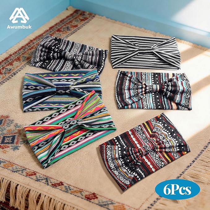 Awumbuk Wide Headbands for Women Knotted No Slip Head Bands Soft Turban Headband Hair Accessories Boho African Solid Color Head Wraps for Women Yoga Workout Pack of 6