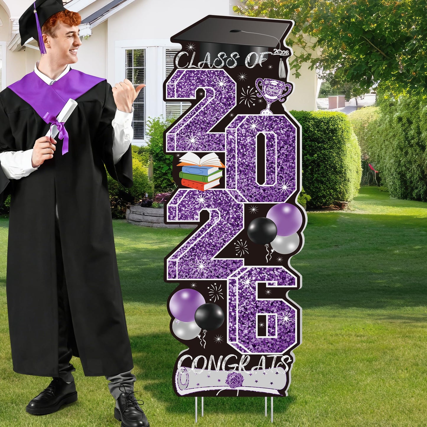 Graduation Yard Signs Class of 2026, 4 Pcs Large Purple Congrats Grad Sign with Stakes, Grad Yard Signs 2026 for College High School Graduation Decorations Backdrop Outdoor Indoor Decor Supplies