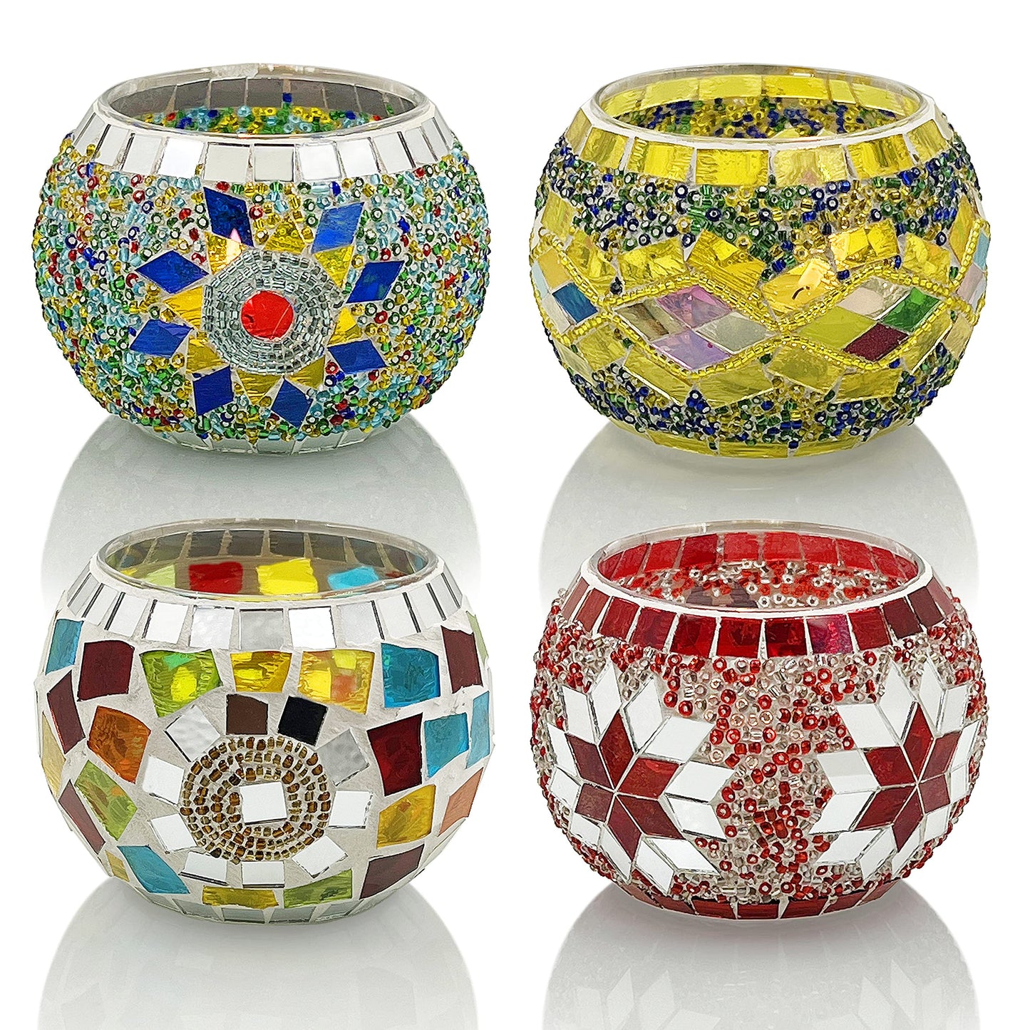 SHMILMH Glass Candle Holder Set of 4, Diwali Gift Votive Candle Holders Handmade Mosaic Glass Tealight Holders Diwali Christmas Table Decorations for Home