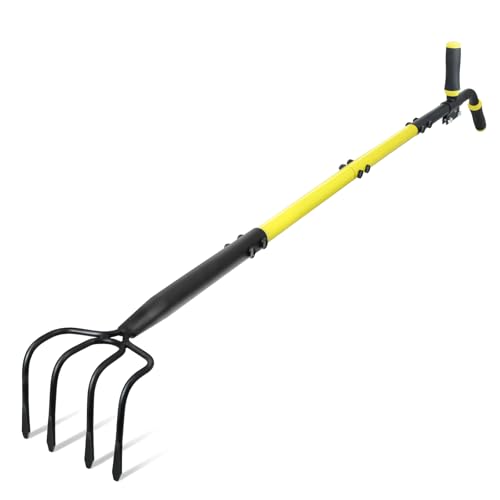 Jardineer 4-Tine Cultivator Rake with Auxiliary Handle, Garden Cultivator Long Handle, Hand Tiller Tool for Gardening Digging Loosening Weeding