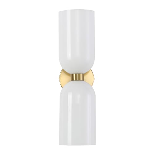 Minimalist 2-Light Gold Wall Sconces with Cylinder Glass Shades- Mid Century Vanity Wall Double Lights Hardwired- Modern Indoor Glass Wall Mounted Art Decor Lights (Milky White, 1 Pack)