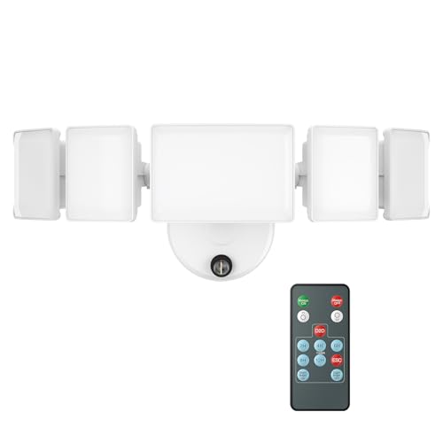 Olafus 100W Dusk to Dawn LED Outdoor Flood Light with Remote, 10000LM, 5 Adjustable Heads, IP65 Waterproof LED Security Light, Photocell Lights Fixture for Yard Garage White