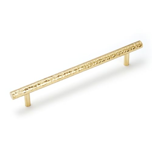 6-Pack Solid Brass Kitchen Cabinet Pulls, Gold Modern T-Bar Handles, 6-5/16-Inch Hole Center Hammered Handles for Dresser Drawer Cupboard, 8-1/8 Inch Total Length, Polished Finish