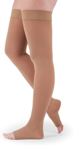 medi Assure 20-30 mmHg Thigh High Compression Stockings with Silicone Top Band – Open Toe Leg Circulation, Stockings for Women, Semi-Opaque Leg Support Compression Hosiery , Medium, Beige