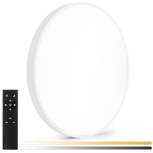 24 Inch Flush Mount Ceiling Light Fixture, Dimmable with Remote, 3000K-6500K Adjustable Color, 48W 4800Lm Ultra Thin Modern Round LED Ceiling Light, White for Bedroom, Kitchen, Living Room