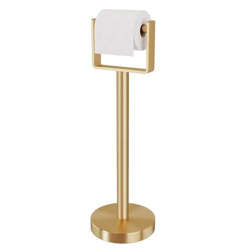 YUMORE Toilet Paper Holder Free Standing, Stainless Steel Toilet Paper Stand, Weighted Base Floor Tissue Roll Holder for Bathroom,Gold 200UP
