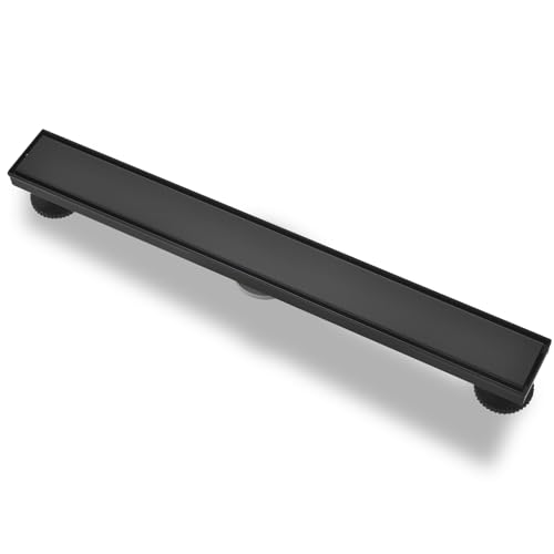 Linear Shower Drain £¬with Tile Insert Panels £¬18 Inch Black 304 Stainless Steel Rectangle Shower Floor Drain£¬with Hair Catcher, Adjustable Feet£¬Fits Bathroom, Balcony