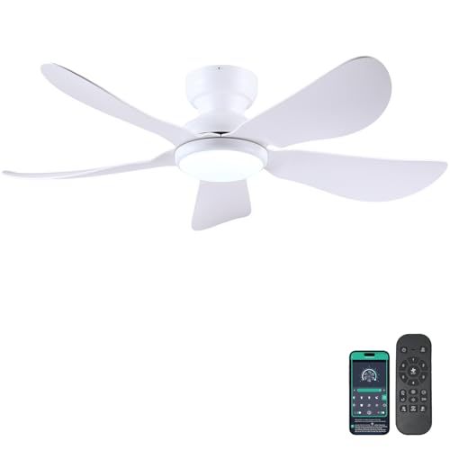46 Inch Modern Ceiling Fans with Lights, Flush Mount Ceiling Fan with Light and Remote/APP Control, 5 Reversible 6 Speeds Curved Blades, 3 CCT Dimmable Lights for Bedroom, White