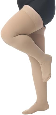 MGANG Medical 15-20 mmHg Compression Stockings for Women & Men, Pair, Thigh High Graduated Compression Socks, Closed Toe, Opaque, Support for Varicose Veins, Edema, DVT, Swelling, Flight, Beige 5XL