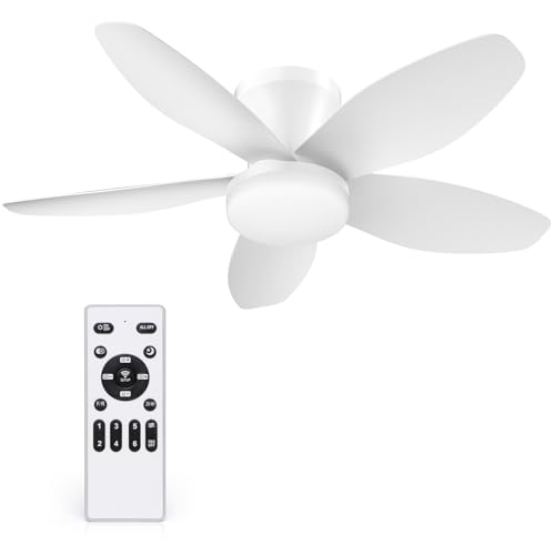 35 Inch Ceiling Fan with Lights and Remote Control, Quiet Modern Low Profile Fan Light with 6 Speeds, Dimmable LED, Reversible Blades for Bedroom Living Room Indoor/Outdoor, White