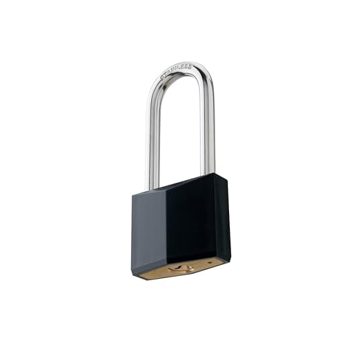 4-Pack Keyed Alike Locks, Black Covered Brass Keyed Padlock with Stainless Steel Long Shackle, 1-9/16 Inch Lock Body, Rustproof Locks for Gate Fence Hasp Cabinet Toolbox Gym or School Locker