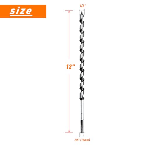 1/2 Inch x 12 Inch Long Auger Drill Bit for Wood, Hex Shank Ship Auger Drill Bit for Soft and Hard Wood, Plastic, Drywall and Composite Materials