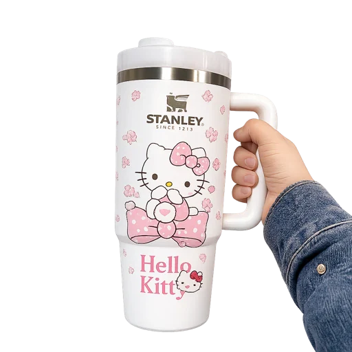 Big Cat White Stanley Quencher Tumbler 40oz – Insulated Travel Mug with Handle & Straw