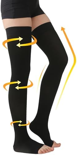 MGANG Medical Thigh High Compression Stockings for Men & Women, Pair, Open Toe, 15-20 mmHg Graduated Compression Support Hose, Opaque, Best for Varicose Veins, Edema, Flight, DVT, Swelling, Black M