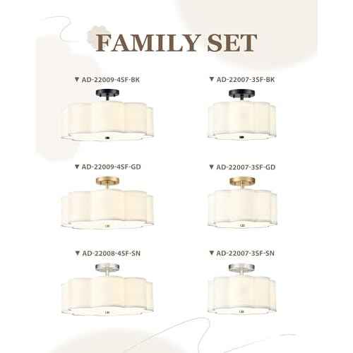 Gold Semi Flush Mount Ceiling Light, 3-Light 12.5" Ceiling Lighting Fixtures with Fabric Shade in Flower Shape, Farmhouse Brass Drum Lights for Nursery Hallway Bedroom, AD-22007-3SF-GD