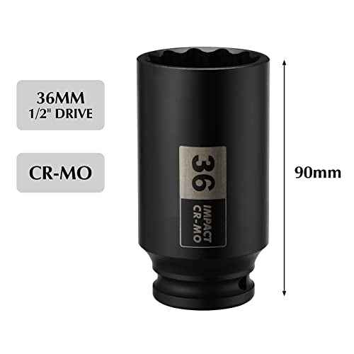EMENTOL 1/2 Inch Drive Deep Spindle Axle Nut Impact Socket, CR-MO, 12 Point, Metric, Deep 12PT Impact Socket - 36mm
