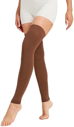 MGANG 15-20 mmHg Compression Stockings for Women & Men, Thigh High Medical Footless Graduated Compression Sleeves with Silicone Dot Band, for Varicose Veins, Edema, Travel, Flight, Pregnant, Brown S