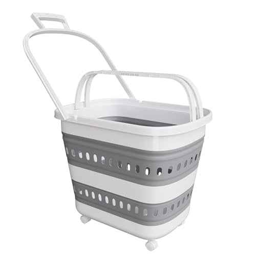 TECHMILLY Collapsible Plastic Laundry Basket Hamper with Wheels, 45L Portable Rubber Clothes Basket, Pop Up Storage Container/Organizer with Hanging Basket for Washing & Storage, Grey