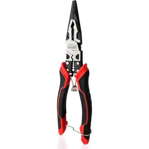Needle Nose Pliers, HOUSERAN Long Needle Nose Pliers with Wire Stripper and Crimper, 8.3 Inch Long Nose Pliers, Spring Loaded with Safety Lock, 5-in-1 Needle Nose for Bending, Crimping, Stripping