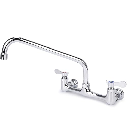 Wall Mount Kitchen Faucet 8" Center Commercial Sink Faucet with 12" Swivel Spout Dual Handles Brass Utility Sink Faucet for Laundry Room Restaurant Polish Chrome