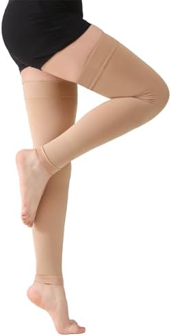 MGANG 15-20 mmHg Compression Stockings for Women & Men, Thigh High Medical Footless Graduated Compression Sleeves with Silicone Dot Band, for Varicose Veins, Edema, Travel, Flight, Pregnant, Beige L